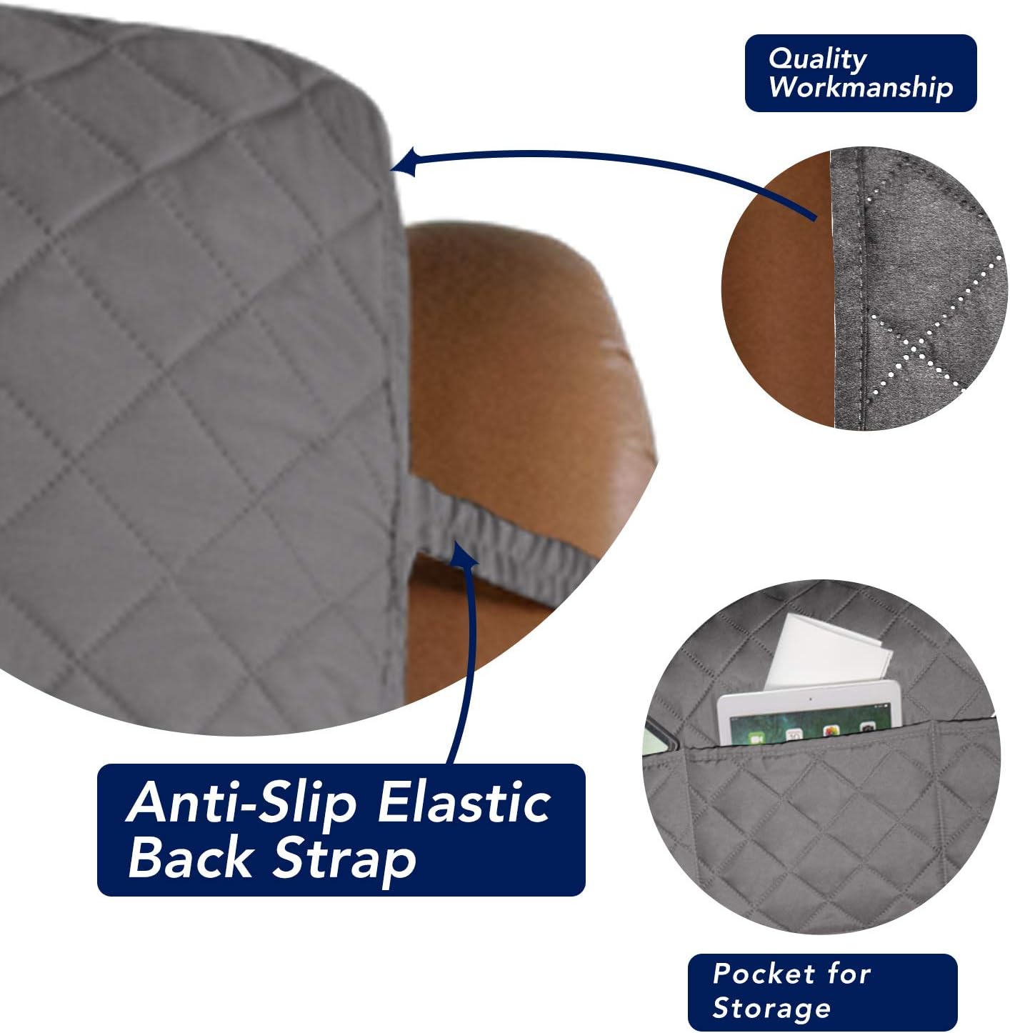 PureFit Reversible Quilted Sofa Cover, Water Resistant Slipcover Furniture Protector, Washable Couch Cover with Non Slip and Elastic Straps for Kids, Dogs, Pets (Oversized Recliner, Gray/Light Gray)