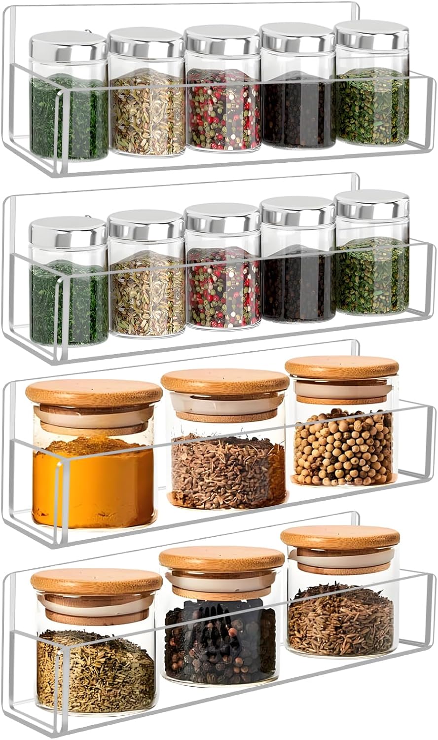 Acrylic Spice Rack Wall Mount-9 Inch, Clear Spice Shelf Storage Holder, 4 Pack Hanging Seasoning Rack Organizer for Cabinet Door, Cupboard or Wall Kitchen (Adhesive or Screw)