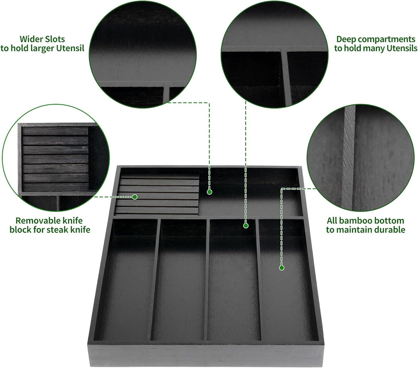 VaeFae Bamboo Silverware Organizer, Utensil Holder for Drawer, Wooden Cutlery Tray with Divider for Kitchen Drawer, Utensil Organizer with Knife Block（Black）