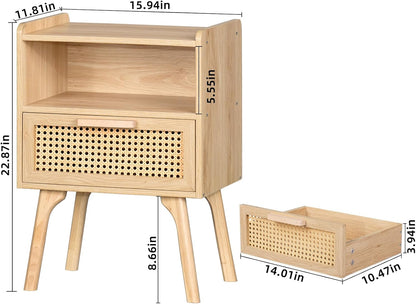 Lerliuo Rattan Nightstand, Boho Side Table with Drawer Open Shelf, Cane Accent Bedside End Table with Solid Wood Legs for Bedroom, Dorm and Small Spaces (Natural)