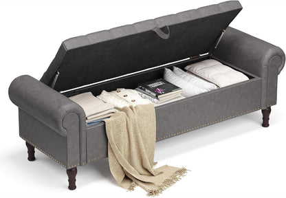 YOUDENOVAn 60”Bench with Storage, Upholstered Tufted Button Window Bench with Plenty Hidden Storage Space,Faux Leather Ottoman Bench for Bedroom, Living Room, Entryway，Grey