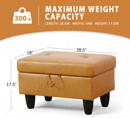 Ottoman Rectangular Storage Ottoman Bench, Faux Leather Footrest, Coffee Table, Stool Footstool with Hinged Lid for Living Room, Bedroom, Entryway, Orange, 28.5"x19"x17.5"