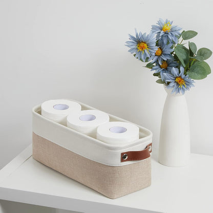 DULLEMELO 2-Pack Bathroom Baskets for Toilet, Small Storage Bins for Organizing Closets, Cabinets, Shelves, Canvas Fabric Storage Basket Bins With Leather Handles for Empty Gift Basket (White&Khaki)