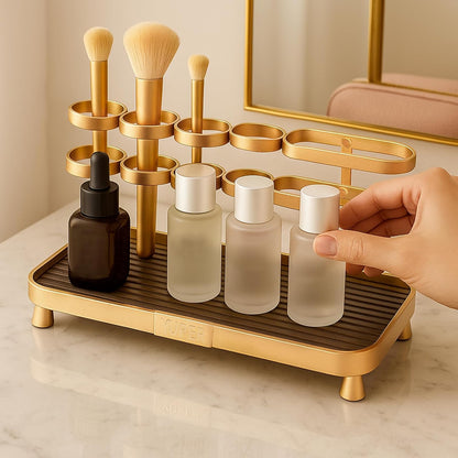 YUPER Bathroom Counter Organizer, Bathroom Organizers with Toothbrush Holder, Makeup Storage Shelf Vanity Tray Perfume Organizer, Bedroom Bar Corner Counter Storage Sink Shelf Gold