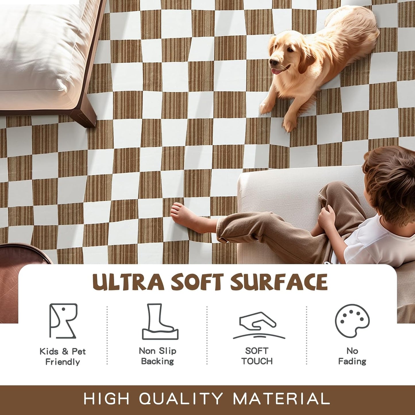 jinchan 5x7 Brown Checkered Area Rugs for Kids Room - Machine Washable Rug Modern Neutral Geometric Lattice Soft Non-Slip Carpet for Nursery Playroom Classroom Living Room Bedroom Home Office