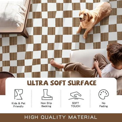 jinchan 8x10 Brown Checkered Area Rugs for Kids Room - Machine Washable Rug Modern Neutral Geometric Lattice Soft Non-Slip Carpet for Nursery Playroom Classroom Living Room Bedroom Dining Room