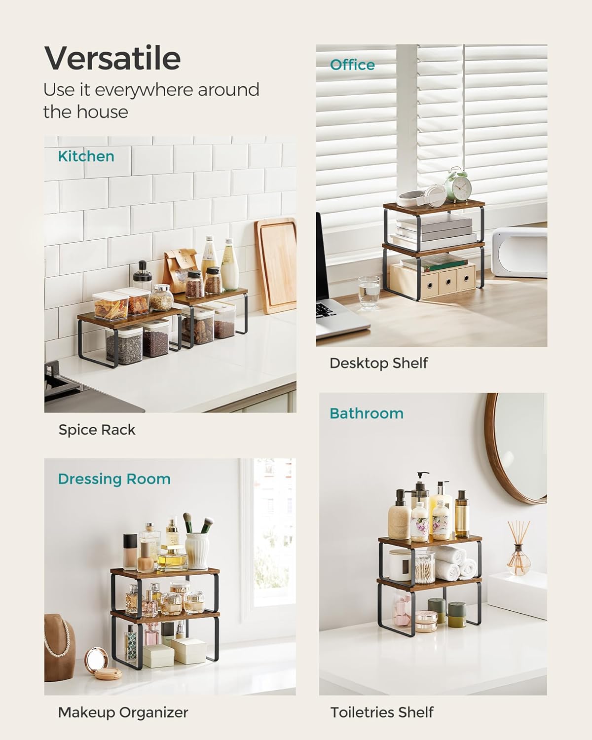 SONGMICS Cabinet Organizer Shelf, Set of 2 Kitchen Counter Shelves, Kitchen Storage, Spice Rack, Stackable, Expandable, Metal and Engineered Wood, Ink Black and Rustic Brown UKCS020X01