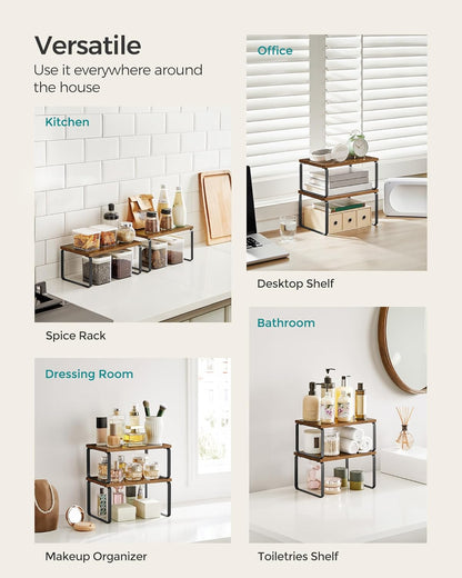 SONGMICS Cabinet Organizer Shelf, Set of 2 Kitchen Counter Shelves, Kitchen Storage, Spice Rack, Stackable, Expandable, Metal and Engineered Wood, Ink Black and Rustic Brown UKCS020X01