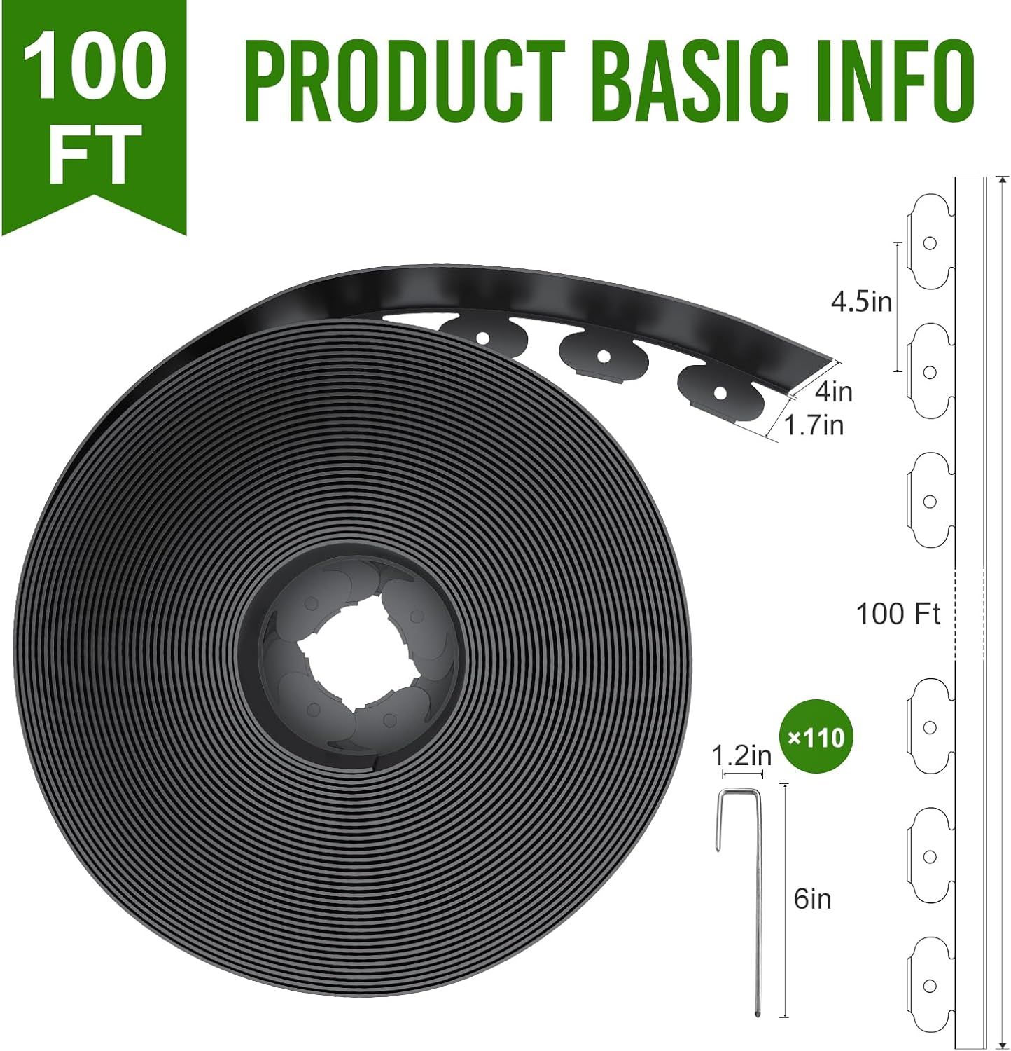 Landscape Edging 4 Inch Tall 100FT with 110Pcs Metal Spikes, Plastic Garden Edging Border Landscape Edging Border Lawn Edging for Landscaping, Flower Bed, Yard