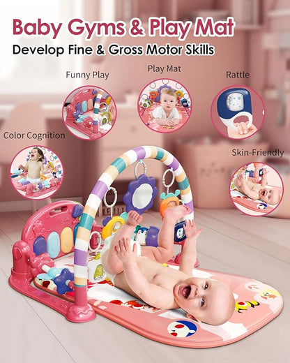 dearlomum Baby Play Mat Baby Gym,Funny Play Piano Tummy Time Baby Activity Mat with 5 Infant Sensory Baby Toys, Music and Lights Boy & Girl Gifts for Newborn Baby 0 to 3 6 9 12 Months (Tiger Pink)