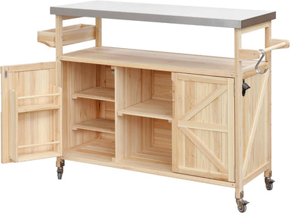 Outdoor Grill Table with Stainless Steel Top, Farmhouse Solid Wood Kitchen Island Cart with Internal Storage Rack, Outdoor Bar Cart with Storage Cabinet, Spice & Towel Rack, Natural