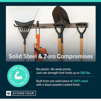 StoreYourBoard Wall-Mounted Rack With 4 Garage Hooks – Heavy-Duty Steel Holder Garage & Garden Storage for Shed, Workshop, or Home Organization – For Rakes, Shovels, Tools & More – 1 Pack, Mud