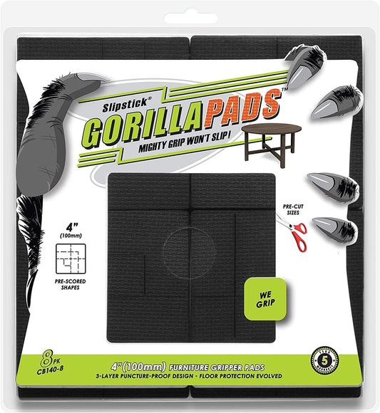 GorillaPads Non Slip Furniture Pads/Floor Grippers (Set of 8 Non Skid Floor Protectors) Pre-Scored to Cut to Multiple Size, 4 Inch Square, Black, CB140-8