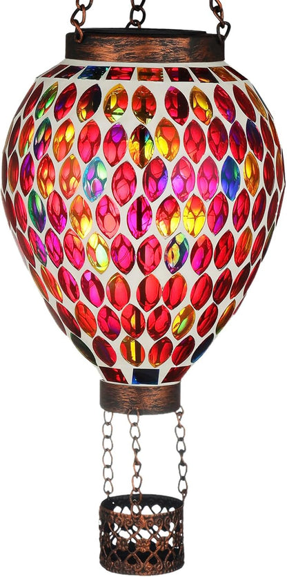 VOREEN Hot Air Balloon Solar Lantern, Mosaic Solar Outdoor Hanging Wind Light, Waterproof, Patio Festive Decor, Gift for Mom Wife Friend, Red