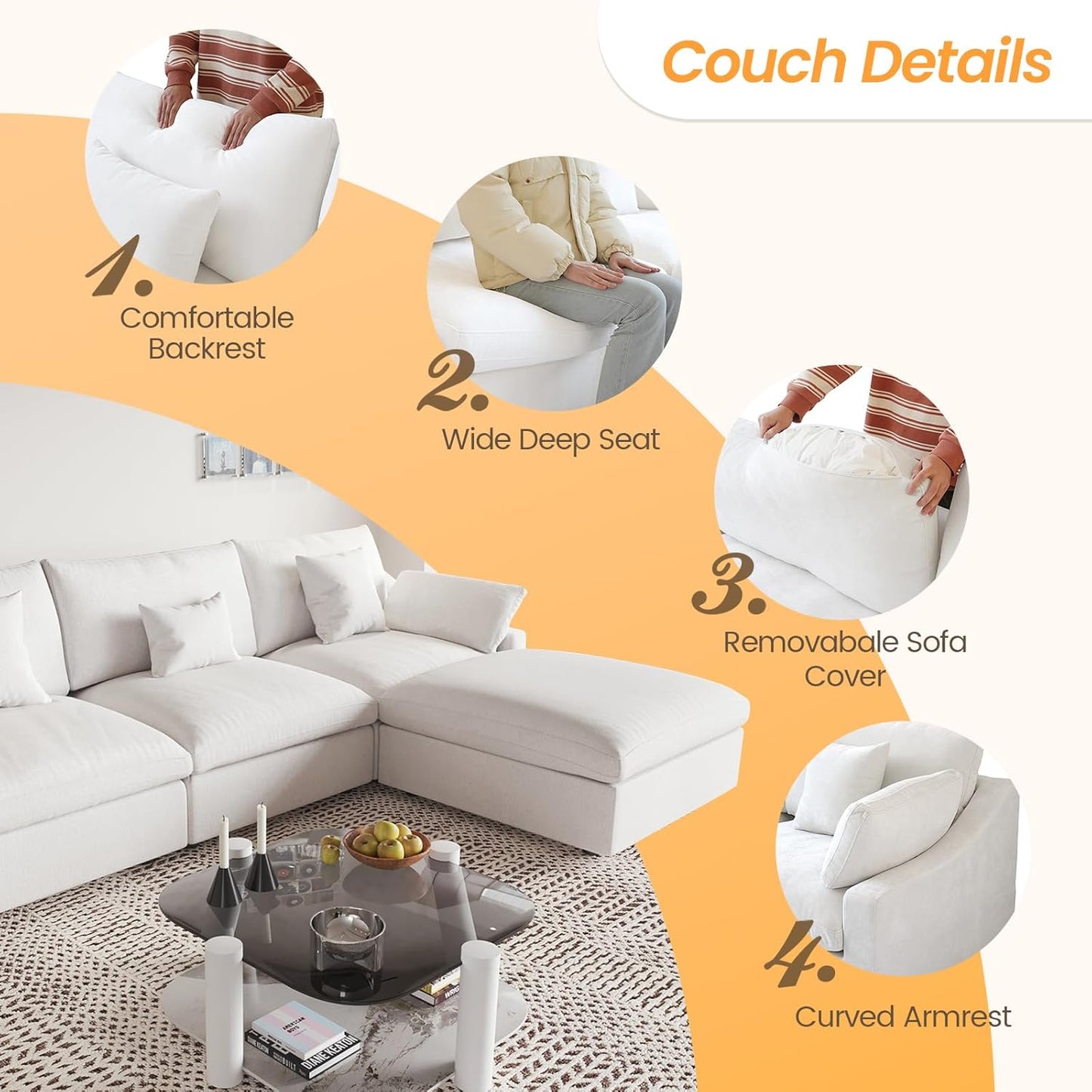 JACH U-Shaped Sectional Couches for Living Room, Cloud Sectional Couch with Deep Seat, 155.9" Modular Sofa with Chaise, Covers Removeable & Washable, Sofas Furniture for Living Room, White