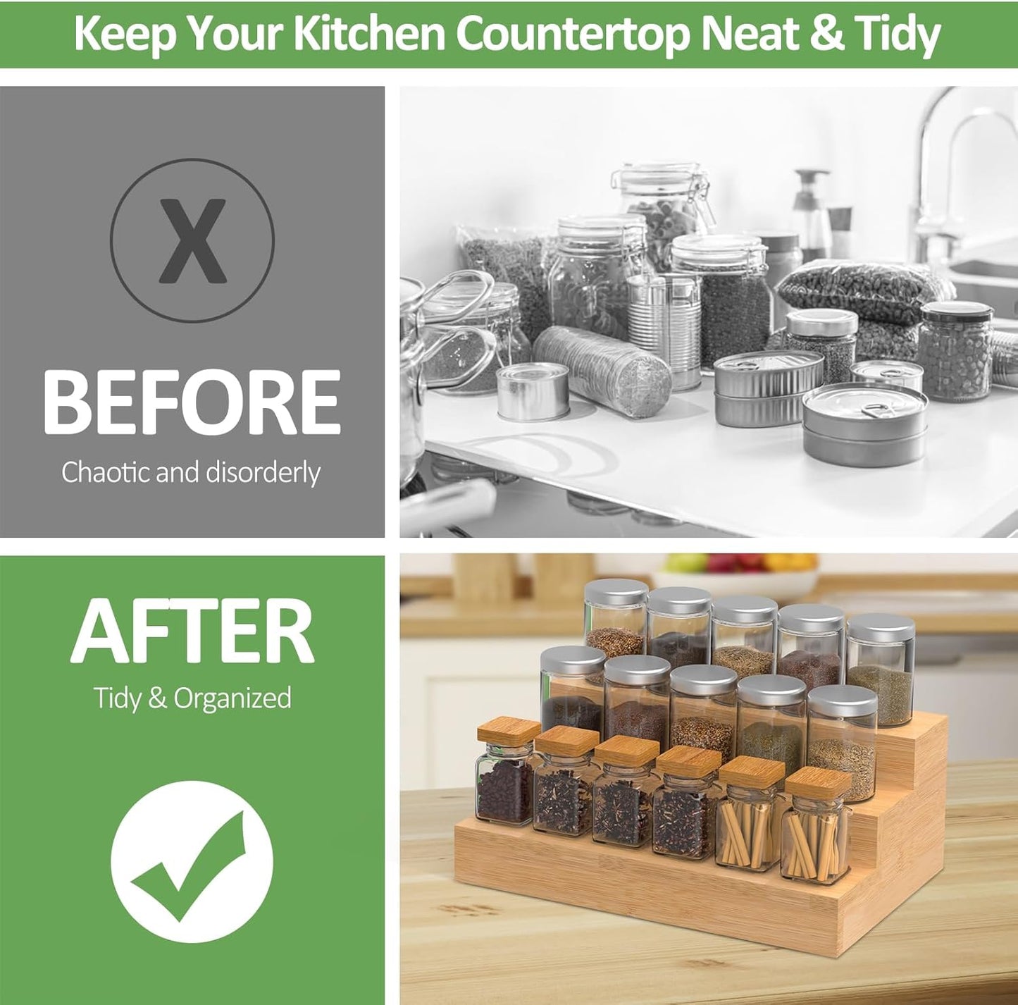 2 Pack Bamboo Spice Rack Organizer for Countertop, 3 Tier Spice Step Shelf for Cabinet (Jars Not Included)