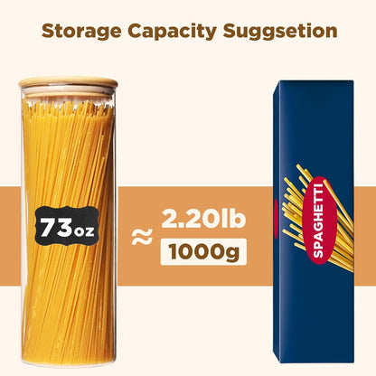 73oz Glass Pasta Storage Jars, Tall Glass Jars with Bamboo Lids, Spaghetti Container, Set of 3, Kitchen Storage Containers for Pasta, Pantry Organizers