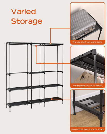 Clothes Rack, Portable Closet, 71.7 Inch Large Capacity Wardrobe Closet, Clothes Storage Organizer with Shelves and 3 Hanging Rods, Easy to Assembly, Black PCT035B01