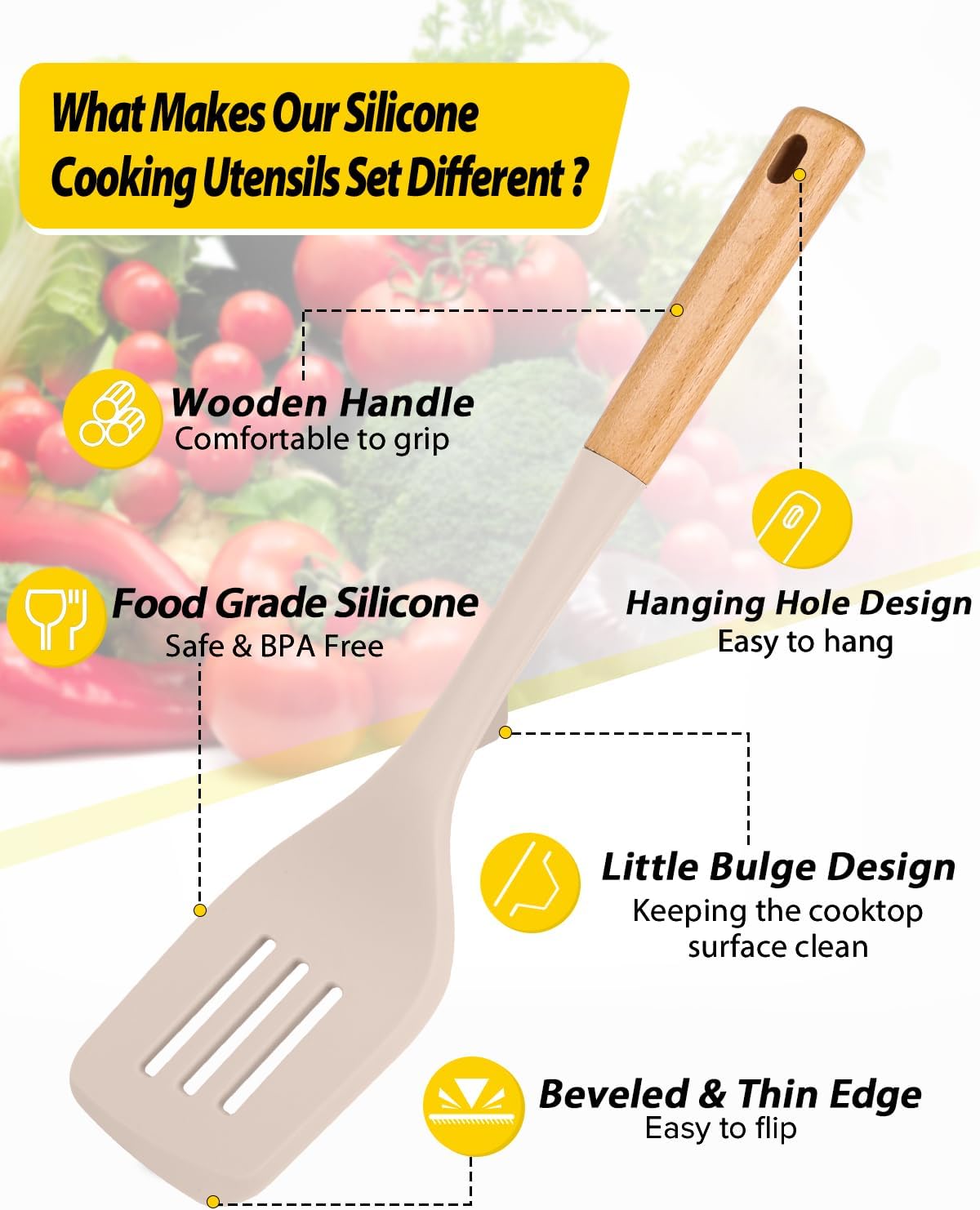 Silicone Kitchen Utensil Set for Non Stick Cookware, 7 Pcs Heat Resistant Cooking Utensils with Wooden Handle, BPA Free Kitchen Tools with Spatulas, Spoons, Skimmer and Pasta Fork (KHAKI)