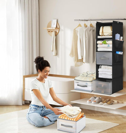 5-Layer Suspended Fabric Shelf Organizer, Equipped with 2 Sturdy Hooks, 2 Separate Drawers, and Foldable Hanging Storage (Black)