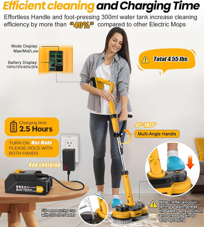 qimedo 6000mAh Battery Electric Mop M1, 800RPM Cordless Electric Power Scrubber & Mops for Floor Cleaning, Best Automatic Spin Mops with Smart Display,Rotating Mop with LED Light & Water Spray