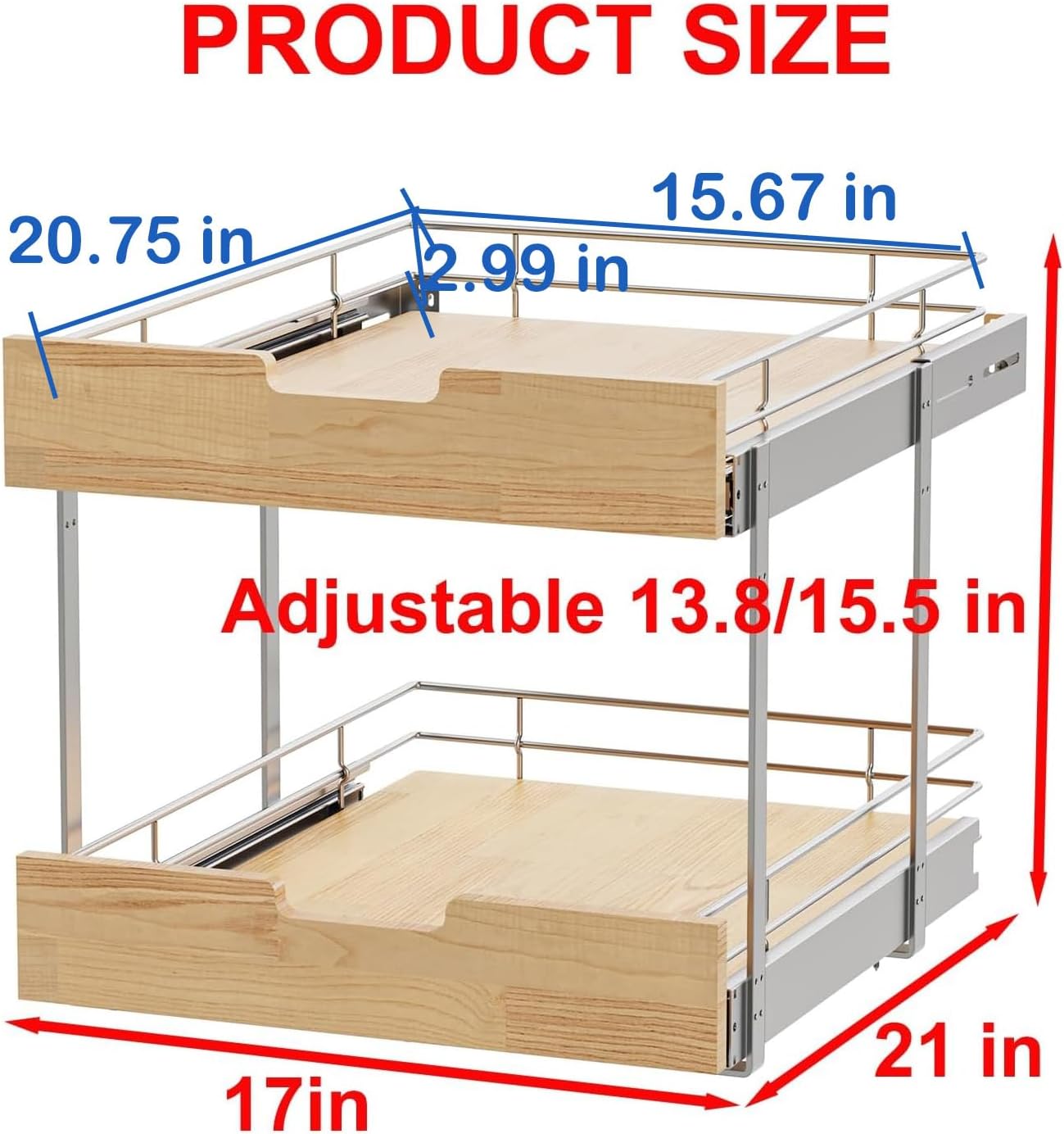 Pull Out Cabinet Organizer,Heavy-Duty Slide Out Shelf, Wood and Wire Basket, Pull Out Drawer for for Kitchen Under Sink Space, Pantry, Bathroom, 2 Tie 17 * 21 in