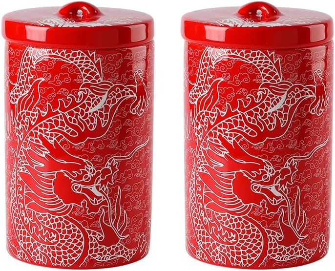 Porlien Chinese Dragon Porcelain 15-ounce Canisters Set of 2, Food Storage Containers with Lid for Coffee Beans, Tea, Condiments & Nuts