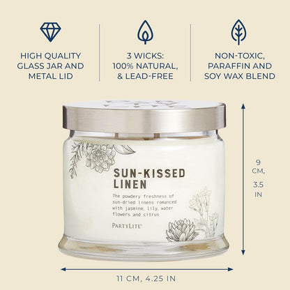 PartyLite Sun-Kissed Linen Scented, Notes of Jasmine Musk, Lily & Citrus, 13.2oz 3-Wick Jar Candle, 45 Hour Burn Time, Luxurious Fragrance, Ideal for Gifting