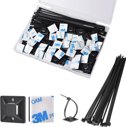 Strong Back-Glue Self Adhesive Cable Zip Tie Mounts Kit - 100 Set Cable Management Clips with 6" Zip Ties, Wire Holders - Outdoor Sticky Wire Organizer Clips-Black