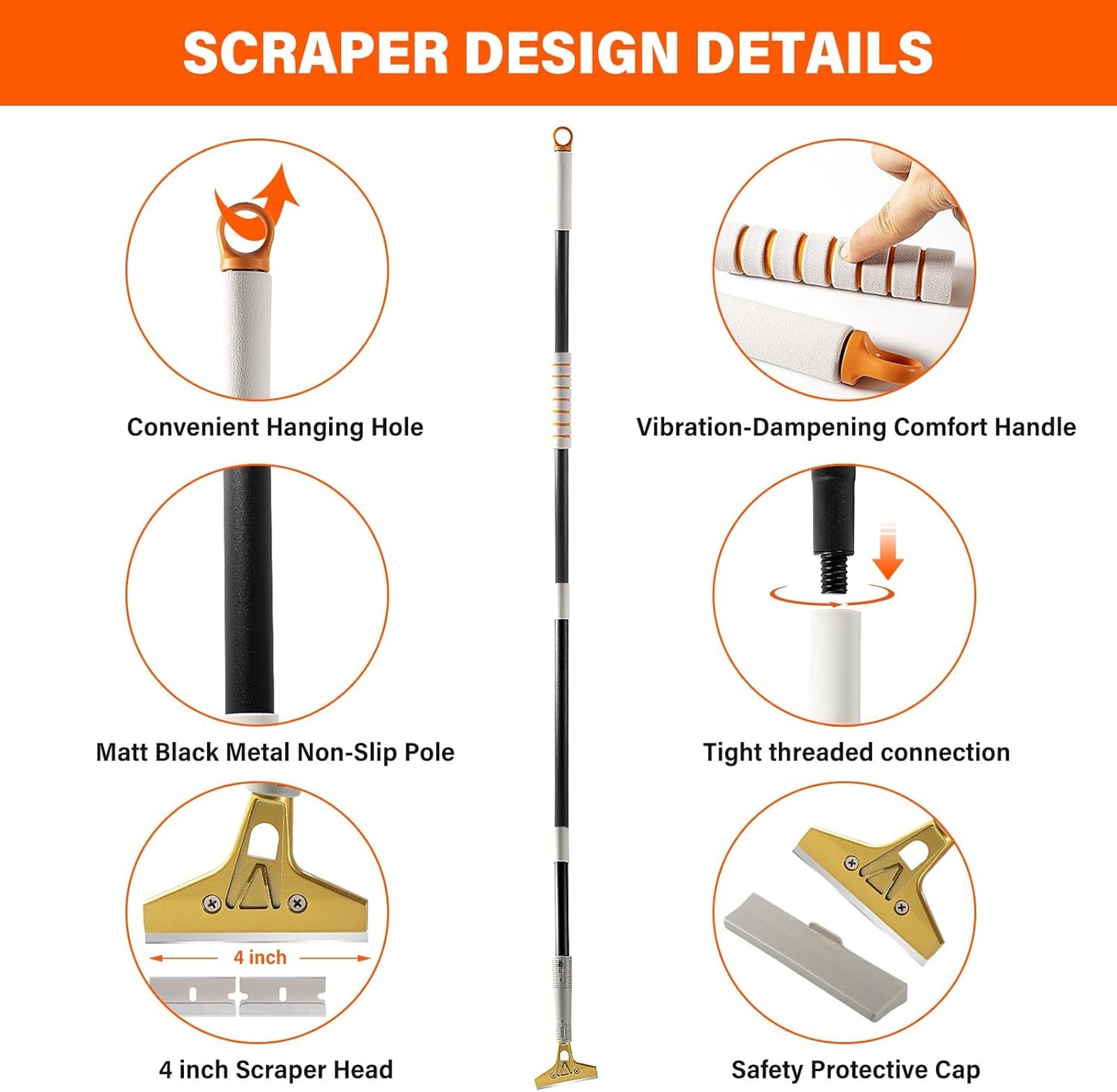 Gomake 4" Wide Razor Blade Scraper Tool with Adjustable 16''-58"(1.3ft -4.8ft) Long Handle, 20PCS Extra Metal Blades, Cleaning Glass Wall Scraper, Painting stripping tools, Tile, Floors, Walls