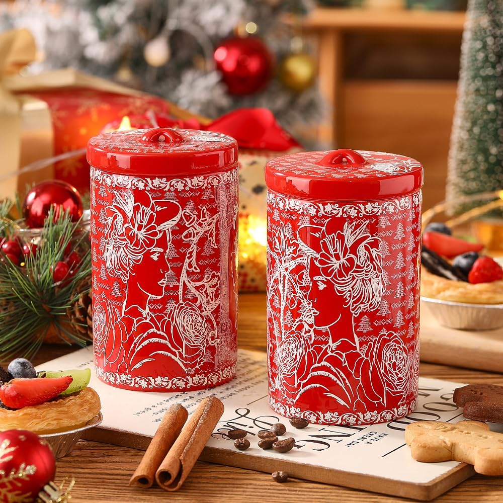 Porlien Lady Porcelain 15-ounce Canisters Set of 2, Food Storage Containers with Lid for Coffee Beans, Tea, Condiments & Nuts, Gifts for Mothers'Day, Thanksgiving, Christmas, Valentine’s Day