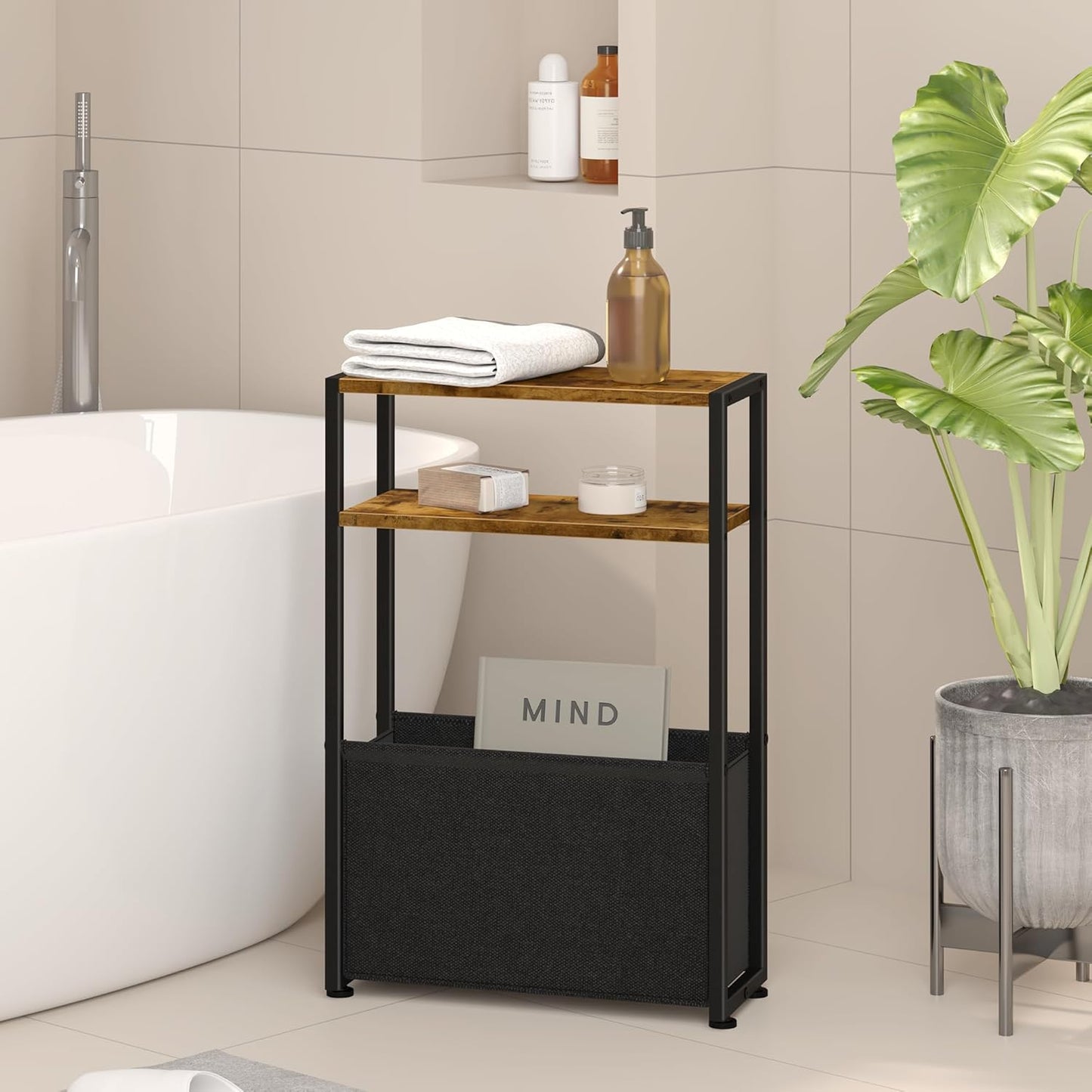 Narrow Side Table, Slim End Tables with Fabric Basket, Skinny Table for Small Spaces, Thin Bedside Table for Living Room, Bedroom