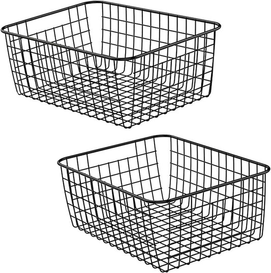 Metal Wire Food Storage Basket Organizer with Wooden Handles for Organizing Kitchen Cabinets, 2 Packs-Black-large