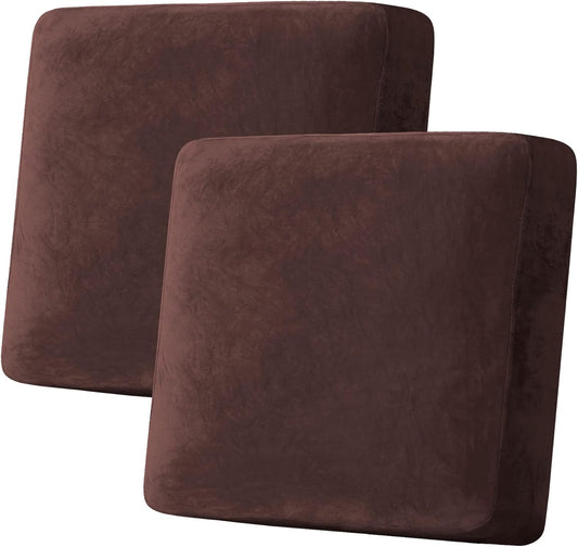 H.VERSAILTEX Velvet Stretch Couch Cushion Cover Plush Cushion Slipcover for Chair Loveseat Sofa Cushion Furniture Protector Seat Cushion Sofa Cover (2 Piece Large Sofa Cushion Covers, Brown)