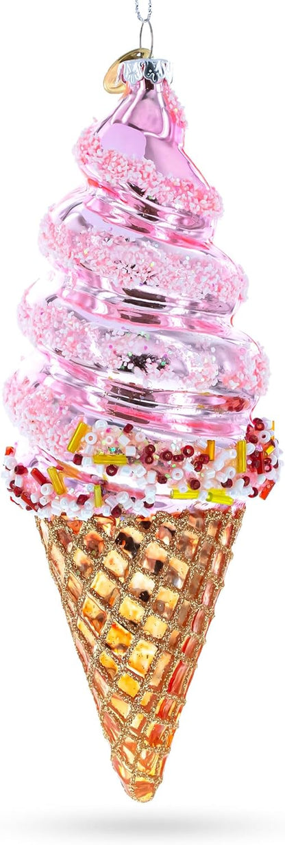 Pink Ice Cream Blown Glass Christmas Ornament