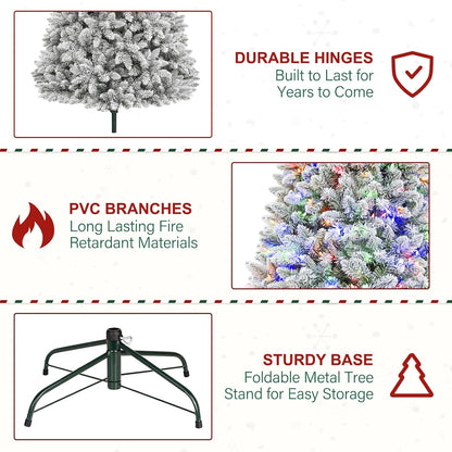 7.5ft Lighted Snow Flocked Christmas Tree, 450 Multicolor LED Lights, Artificial Christmas Tree with 1446 Branch Tips, Metal Stand & Hinged Branches for Decoration, 10 Modes