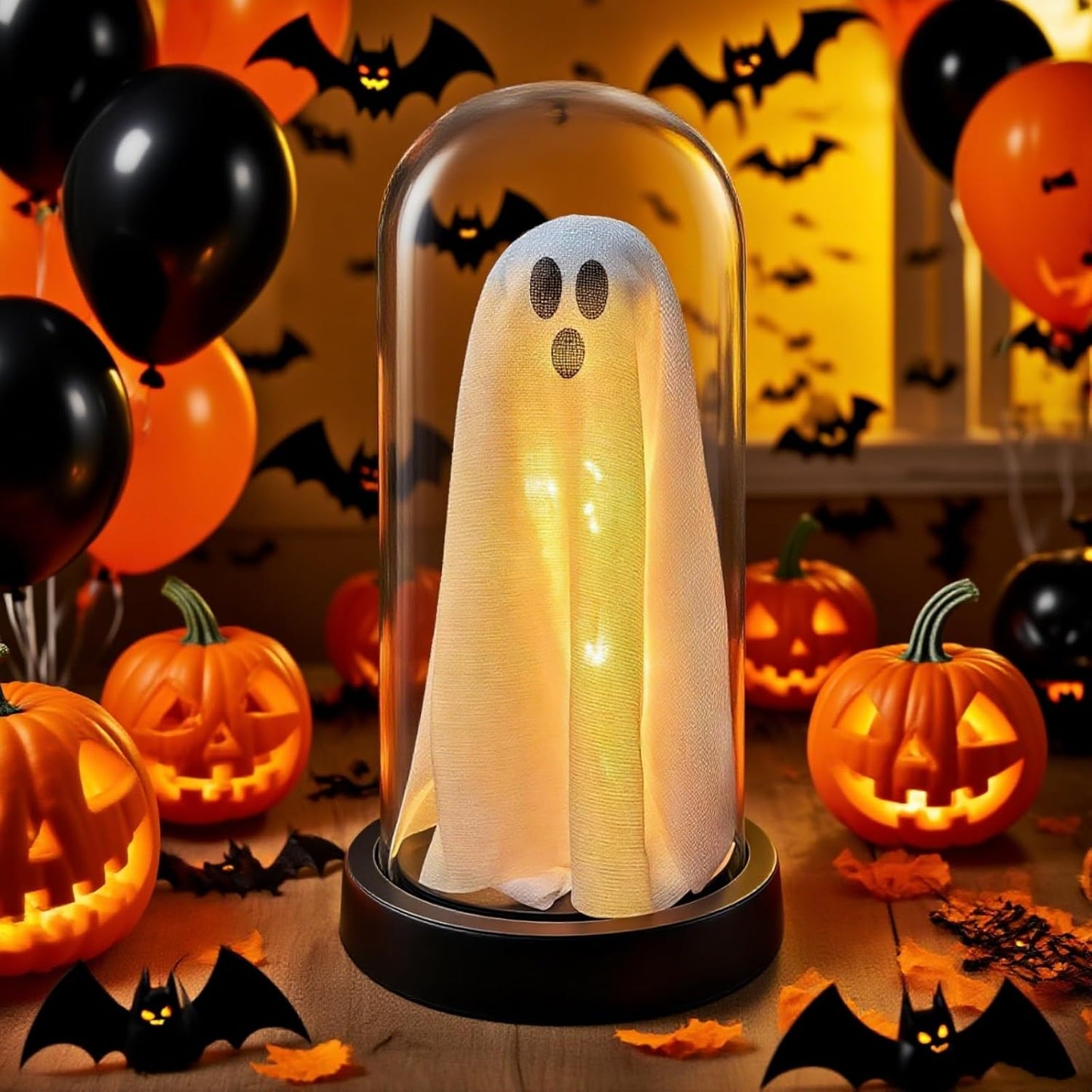 Light Up Ghost in Glass Cloche,Halloween Decorations Indoor,Cute LED Ghost Decor for Mantel,Tabletop,Cute Decorative Ornaments Suitable for Halloween Parties and Festivals(Warm Light,PVC Cover)