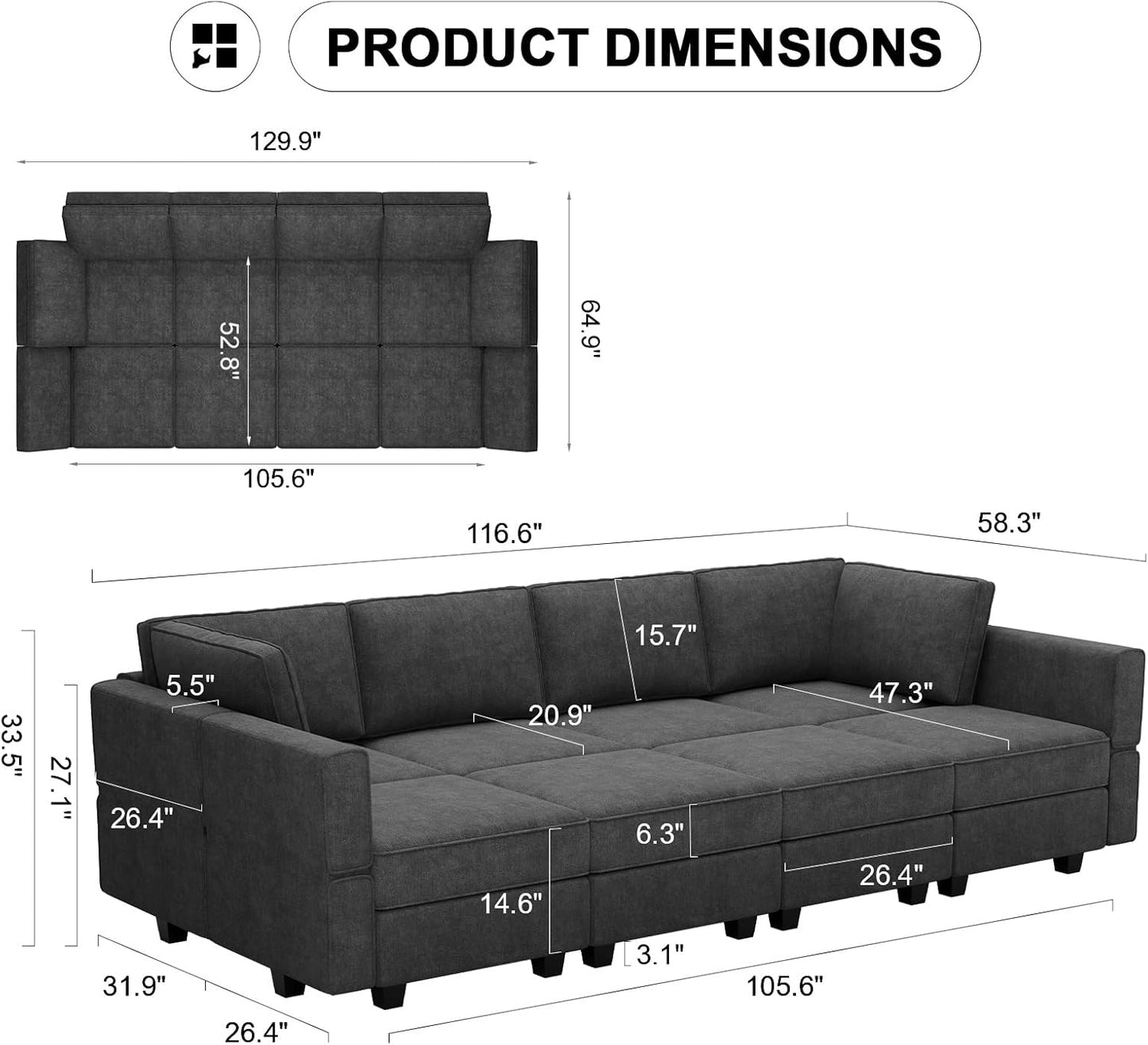 Belffin Modular Sectional Sleeper Sofa Bed Convertible Sectional Couches for Living Room. Black Couch