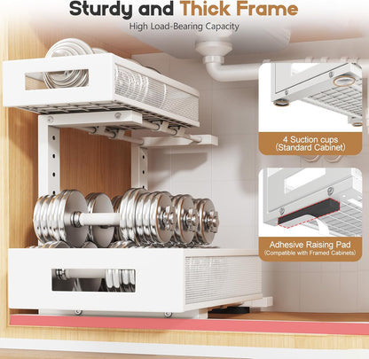 2-Pack Under Sink Storage Organizer, Large 2-Tier Elegant Mesh Pull Out Shelf for Kitchen and Bathroom Cabinet Organization, L-Shaped and Adjustable Height Design for Maximum Space Efficiency-White