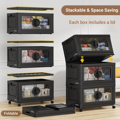 BROVIEW 480Qt Lockable Stackable Storage Bins with Lids, Closet Organizers and Storage Drawer, Collapsible Storage Bin with Wheels, Plastic Cabinet for Toy Clothes Dorm Organizer, V9 4 Pack Black