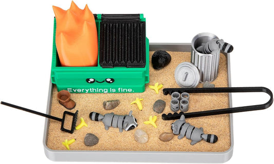 Stylor Dumpster Fire Zen Garden Desk Decor - Miniature Sandbox with Raccoon & Flames, Humorous Office Stress Relief Gift, Includes Stones, Sand & Accessories