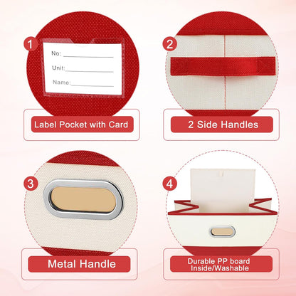 Large Linen Fabric Foldable Storage Bins with Removable Lid and Handles, Washable Storage Box Organizer Containers Baskets Cube with Cover for Bedroom,Office(Red&Cream, Large(2-Pack))