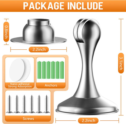 Crosize Magnetic Door Stoppers 2 Pack, Stainless Steel Door Catch for Wall and Floor Mounting, Door Holder Keep Door Open, No Drilling Door Stop with Adhesive Tapes, Silver