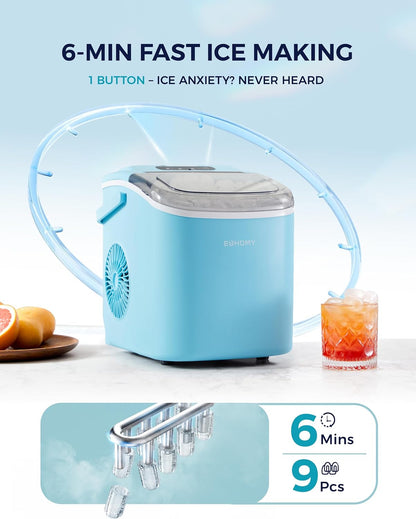 EUHOMY Countertop Ice Maker Machine with Handle, 26lbs Per Day, 9 Ice Cubes Ready in 6 Mins, Auto-Cleaning Portable Ice Maker with Basket and Scoop, for Home/Kitchen/Camping/RV (Blue)