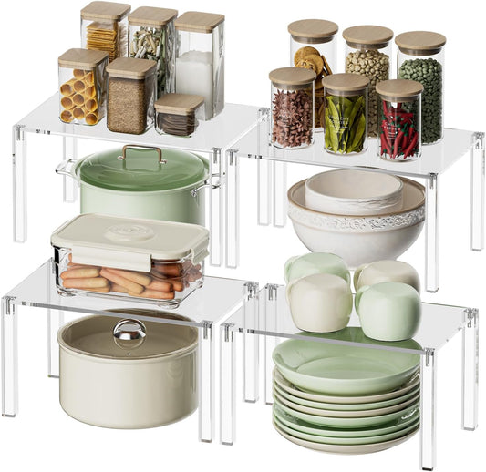 Clear Cabinet Organizer: Acrylic Shelf Riser Set of 4 for Kitchen Pantry Organizers and Storage - Countertop Spice Rack for Cabinet - Stackable Display Shelf Decor for Gift