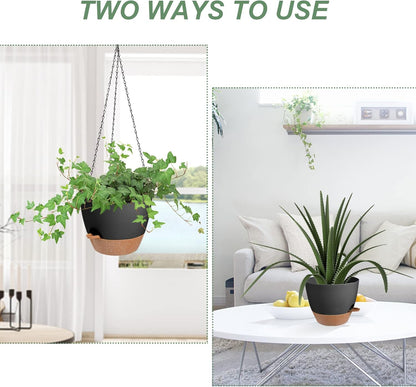 Hanging Planters for Indoor Outdoor Plants, 2 Pack Self Watering Hanging Pot with Drainage Holes & Removable Tray (Black, 10'')