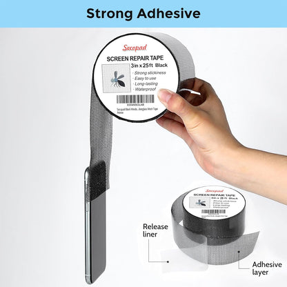 Black Window Screen Repair Tape, 3IN X 25FT (300IN) Screen Repair Kit for Windows or Doors, Strong Adhesive Patch Kit Fiberglass Mesh Tape