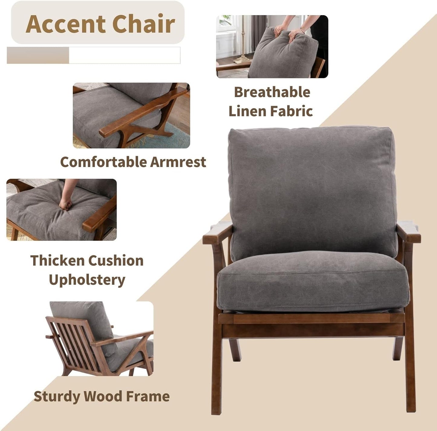 HNY Mid Century Arm Chair, Upholstered Accent Armchair with Wood Frame and Canvas Cushions, Leisure Reading Chair Slipper Chair for Living Room, Bedroom, Gray