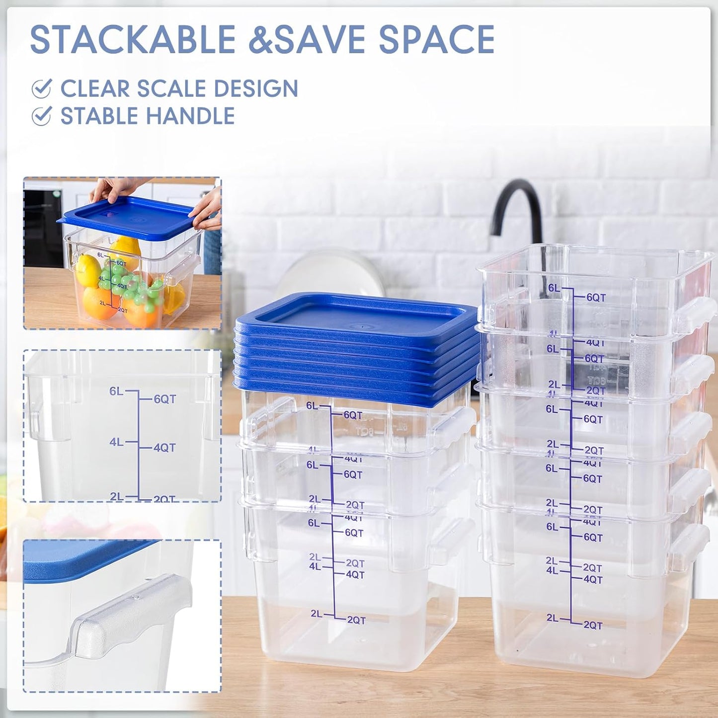 Lallisa 8 Pack 6 Qt Commercial Food Storage Containers with Lids Square Food Storage Container Clear Cereal Storage Containers for Kitchen Freezer Pantry Restaurant Flour Sugar(Blue Lids)