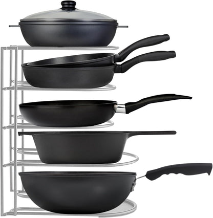 Heavy-Duty Pots and Pans Organizer | 5-Tier Cookware & Lid Storage Rack | Free-Standing or Wall-Mount | Kitchen Organizer for Cast Iron Skillets, Pots, Frying Pans, Lids | Chrome